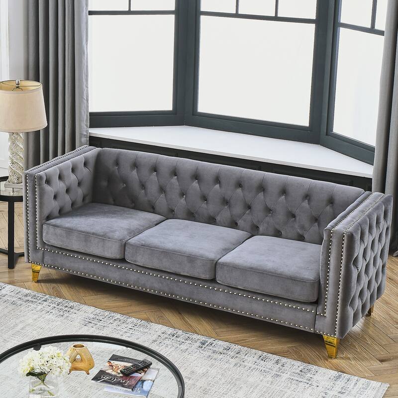 Elegant Velvet Button-Tufted 3-Seat Sofa with Nailhead Trim and Metal Legs
