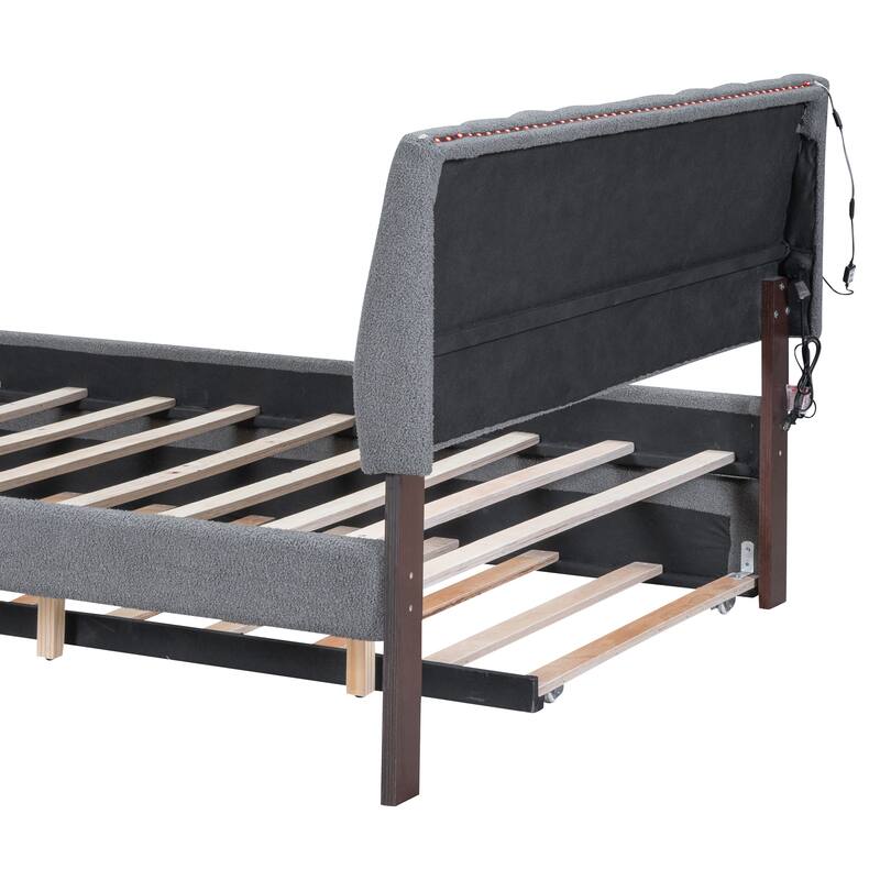 Twin/Full/Queen Teddy Fleece Upholstered Platform Bed with Trundle and LED Lights - Space-Saving & Stylish Design