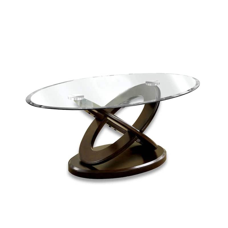 Oval Glass Top Coffee Table with Cross Oval Base, Brown and Clear