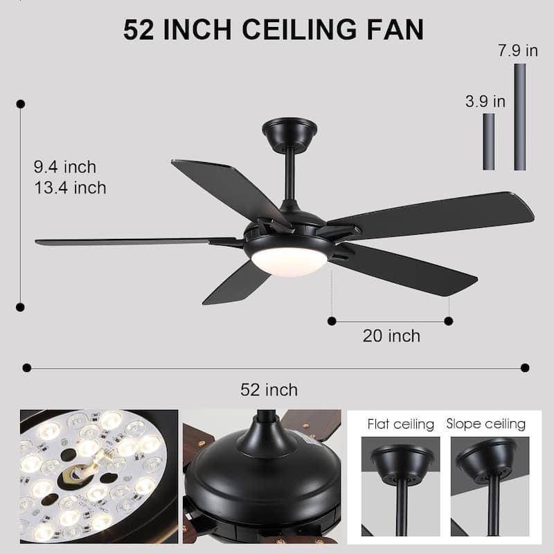 46“/52” Inch Modern Ceiling Fan with LED and Remote,5 Plywood Blades,Remote and APP Control