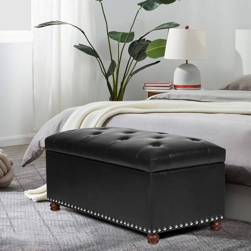 Adeco Rectangular Storage Ottoman Tufted Faux-Leather Bench Lifted Top