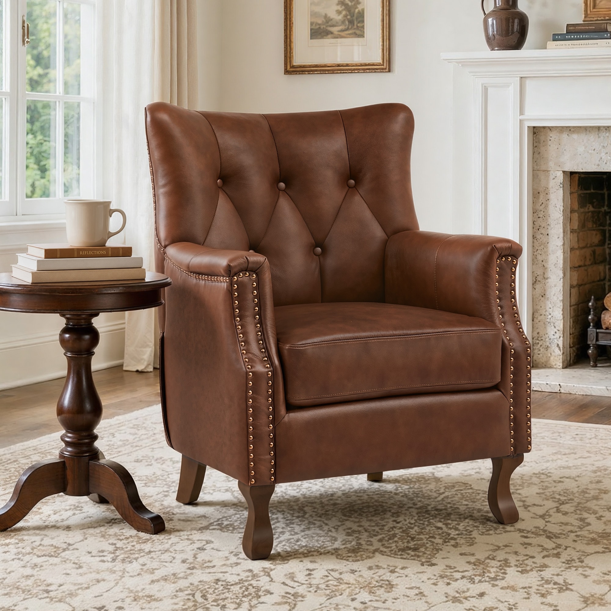 Upholstered Wingback Accent Chair, Tufted Button Armchair with Nailhead Trim and Solid Wood Legs for Living Room