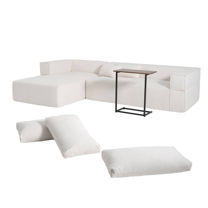 112" Beige Boucle Modular Sofa, Free Table & 2 Pillows, No Assembly