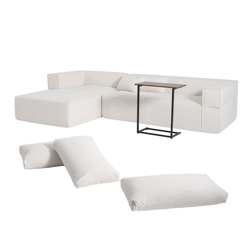 112" Boucle Modular Sectional Sofa with Free Side Table, Wide Seat Design and No Assembly Required