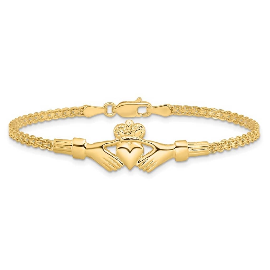 Curata 14k Yellow Gold 7" Irish Claddagh Crown Bismark Chain Bracelet