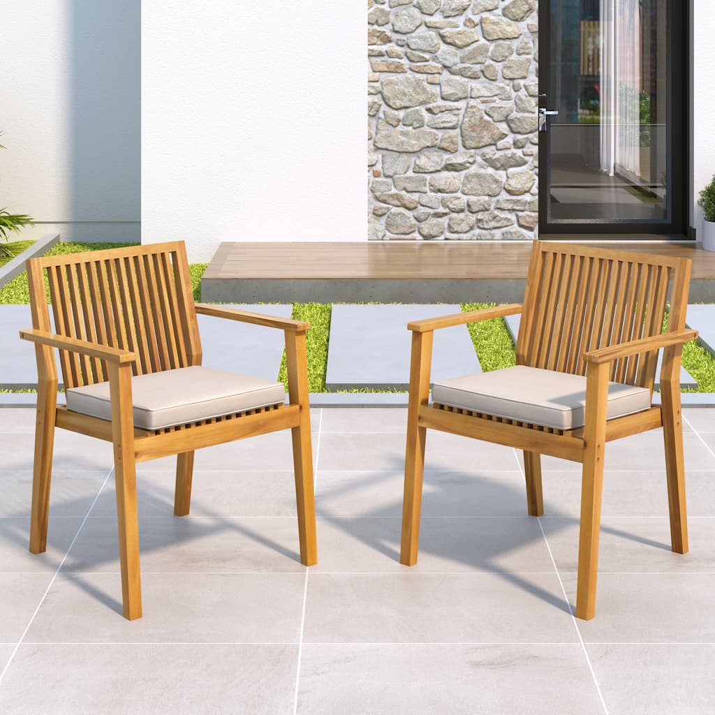 Roomfitters Patio Dining Chairs Set of 2, Acacia Wood Armchairs with Cushions, Outdoor Seating in Natural Finish