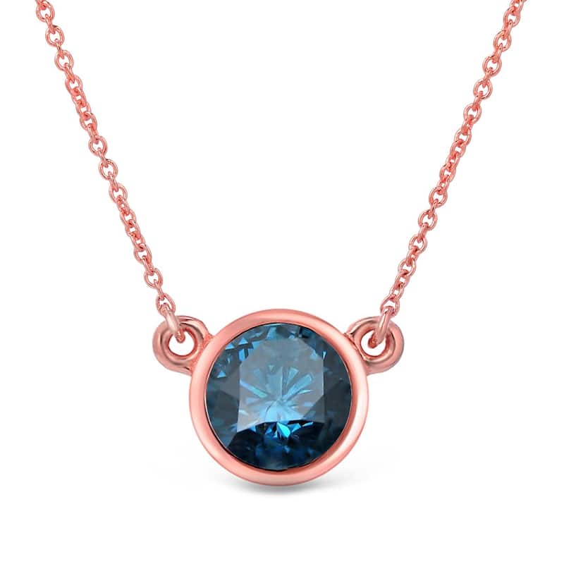 Auriya 1ctw Round Solitaire Blue Diamond Necklace 14k Gold Bezel-set (I1-I2) - Rose