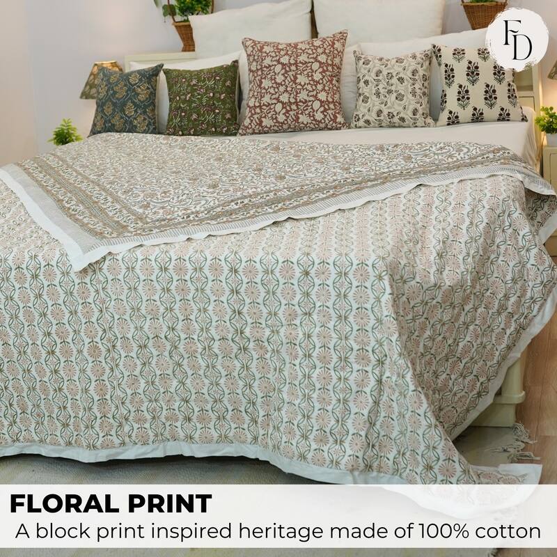 Fabdivine Luxury Hand Block Print Cotton Quilt Floral Boho Bedding for Bedroom & Sofa, Green Gray, Handmade Reversible Bedspread