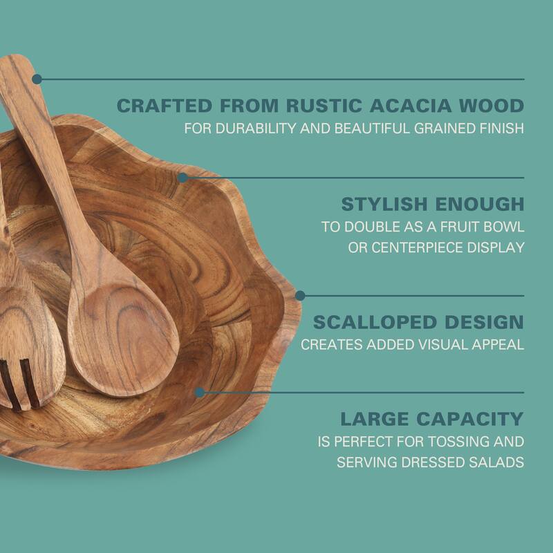 Gibson Home Sandhurst 3-Piece Acacia Wood Salad Bowl Set - 12-Inch Scalloped Serving Bowl with Wooden Salad Servers