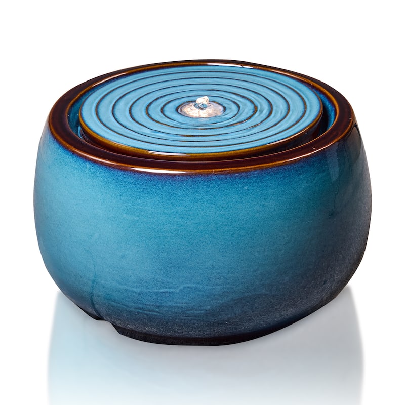 Round Blue Ceramic Water Floor Fountain with LED Light and Pump