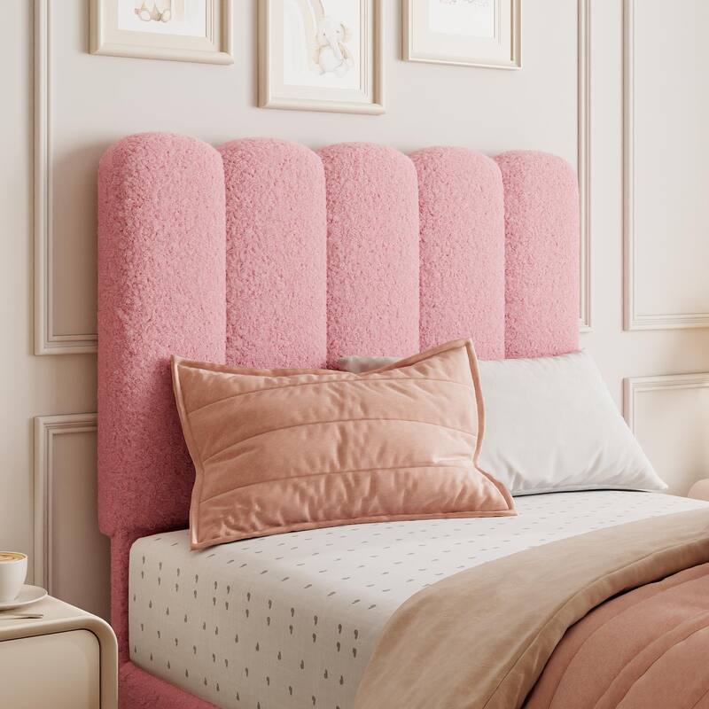 Twin Bed Frame with Under-Bed Drawer, Pink Boucle Upholstered Platform Bed with Wave Headboard for Kids/Girls