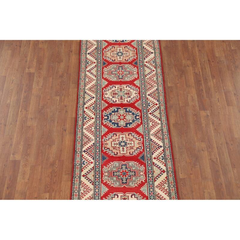 Geometric Kazak Runner Rug Handmade Wool Carpet - 2'7" x 10'7"