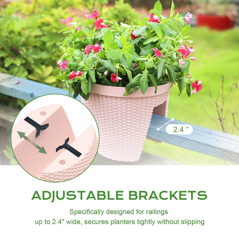 Aoodor 12'' Balcony Rattan Pattern Railing Planter Box with Drainage Holes and Adjustable Brackets-Set of 4 - 12''×11''