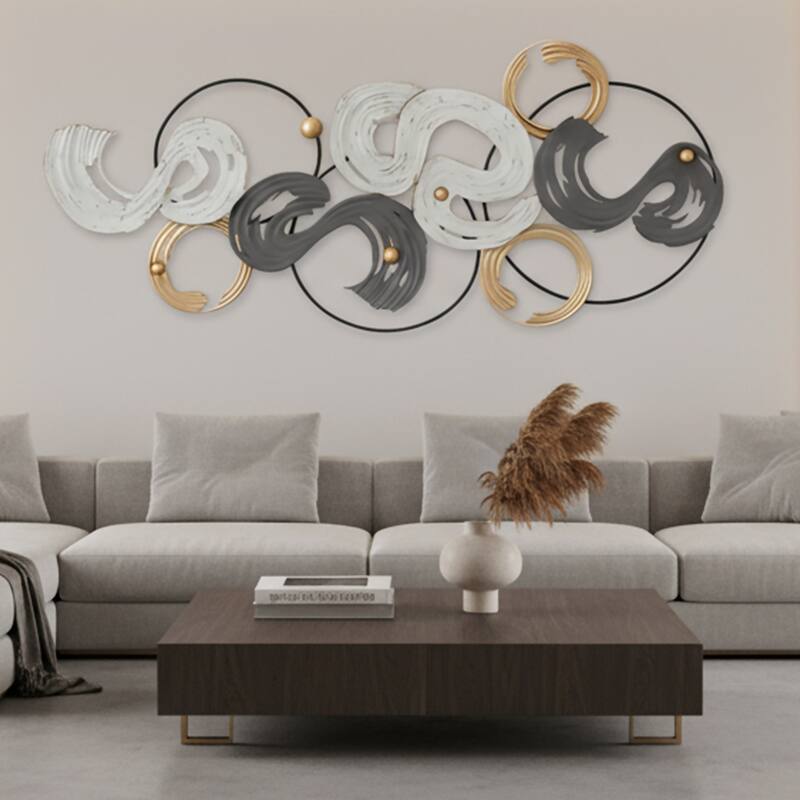 Black White Gold Spiral Metal Wall Art 53x25 Large Landscape Decor