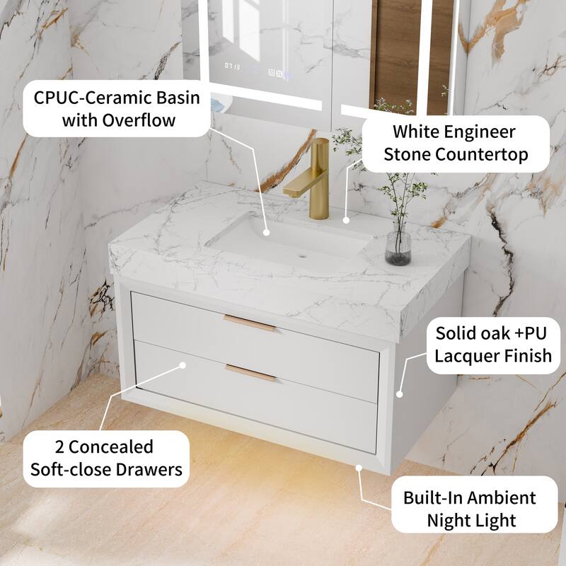 Modland 36" Wall-Mount Vanity with LED Light & 2 Soft-Close Drawers - Solid Oak, Black,White,Blue,Green - 36 inch