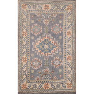 Gray Geometric Kazak Accent Rug Hand-Knotted Foyer Wool Carpet - 2'8" x 4'1"