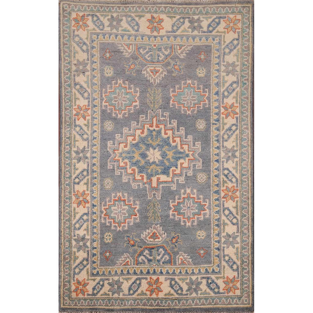 Gray Geometric Kazak Accent Rug Hand-Knotted Foyer Wool Carpet - 2'8" x 4'1"