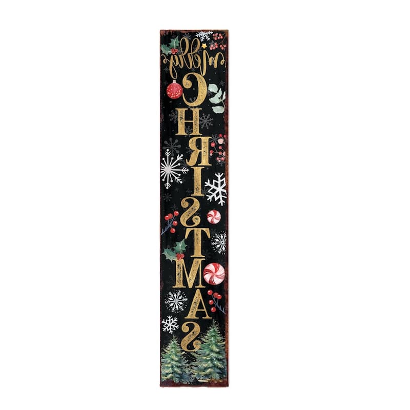 HomeRoots 48" Black Gold Green And Red Solid Wood Merry Christmas Porch Sign