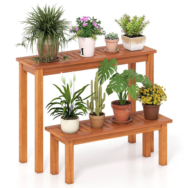 Gymax Wooden Plant Stand Set of 2 w/ Teak Oil Finish Slatted Top - Brown