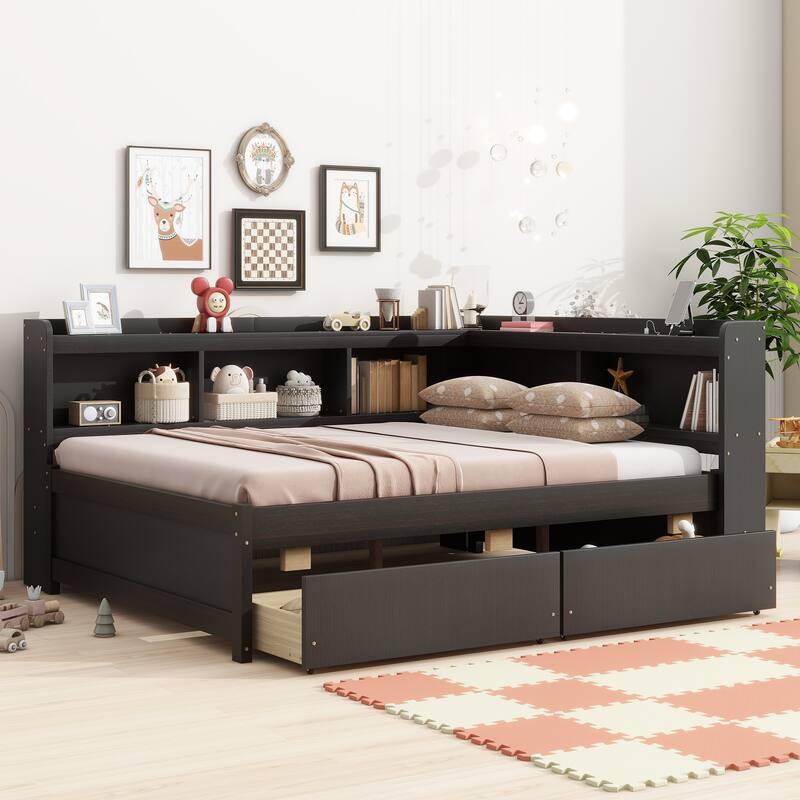 Wooden Platform Sofa Bed Frame with L Shaped Bookcase and Charging Station, Living Room Corner Daybed with 2 Storage Drawers