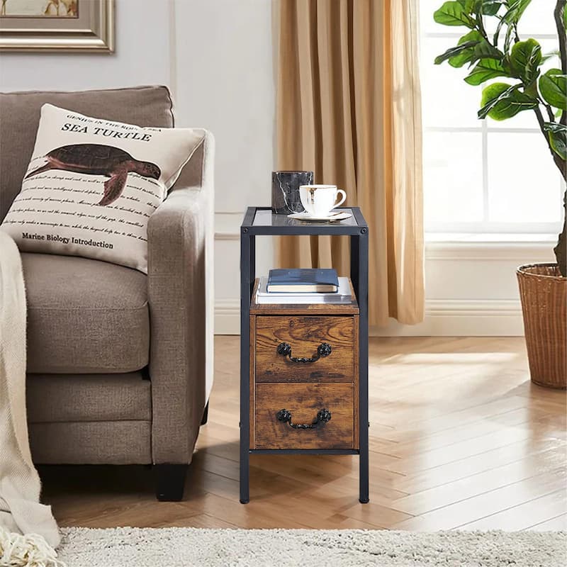 VECELO 2-Drawer Modern End Tables with Glass Top, Narrow Side Tables with Drawers, Nightstands for Small Spaces