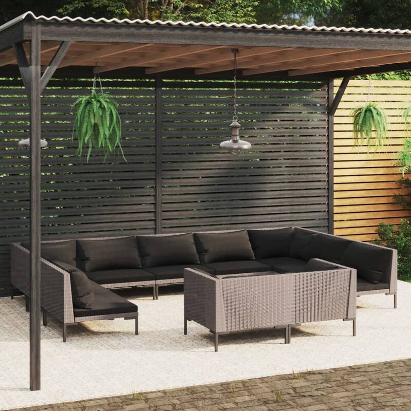 vidaXL Patio Lounge Set Outdoor Sectional Sofa Set Table Poly Rattan Dark Grey - 27.6" x 27.6" x 24" - Grey 11 Piece