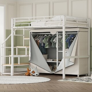 Full Size Loft Bed with Wardrobe and Shelves, White