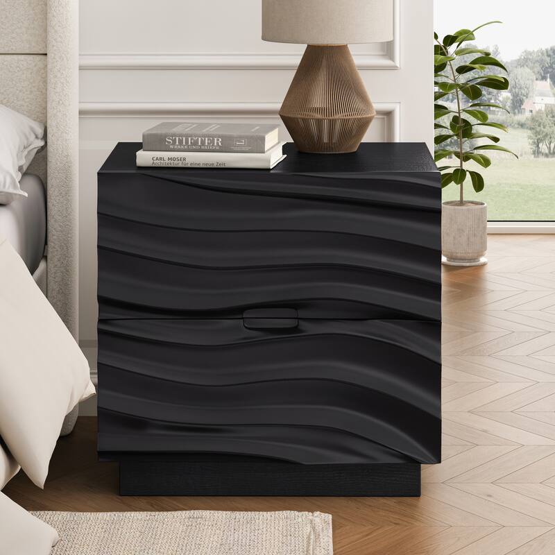 2-Piece Solid Wood Nightstand Set - No-Handle Design, Black