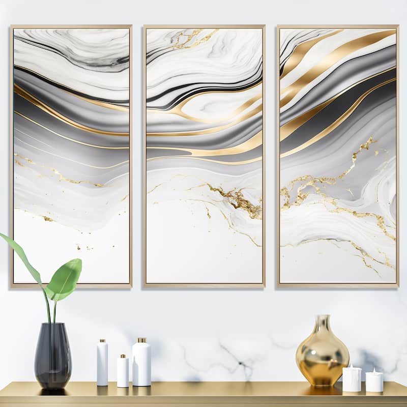 Designart "Abstract Geode Marble Waves Grey III" Modern Waves Framed Canvas Art Print - 3 Panels