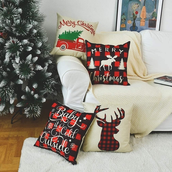 Christmas Pillow Covers 18×18 inches Set of 4 Cotton Linen Cushion Covers Throw Pillow Cases for Farmhouse Sofa Couch Christmas Winter Decorations 