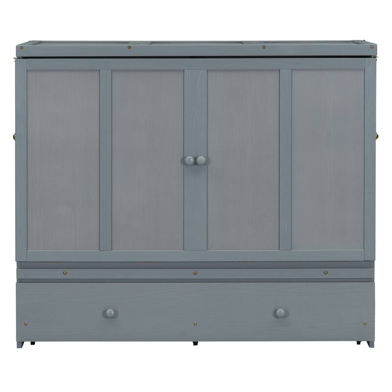 Full/Queen Size Murphy Bed with a Large Drawer, Solid Wood Wall Bed Murphy Chest Bed, Folding Murphy Bed Cabinet with USB Port