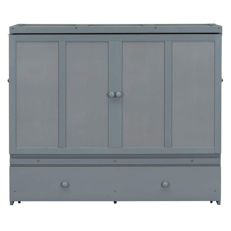 Wood Murphy Chest Bed Frame with Drawer and Charging Station, Space Saving Hidden Folding Cabinet Bed