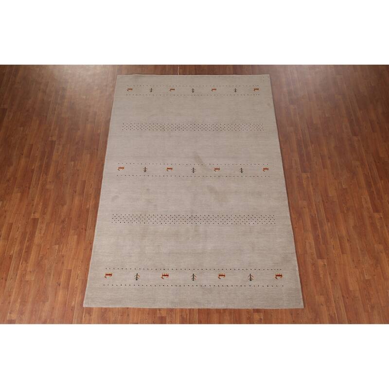Gabbeh Oriental Area Rug Hand-Knotted Beige Tribal Wool Carpet - 6'7"x 9'9"
