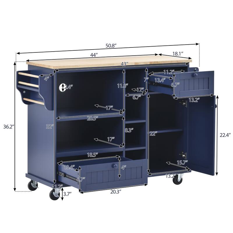 Kitchen Island with Solid Wood Desktop, Kitchen Island Cart on Locking Wheels, Rolling Island Cart with Cabinets & Drawers