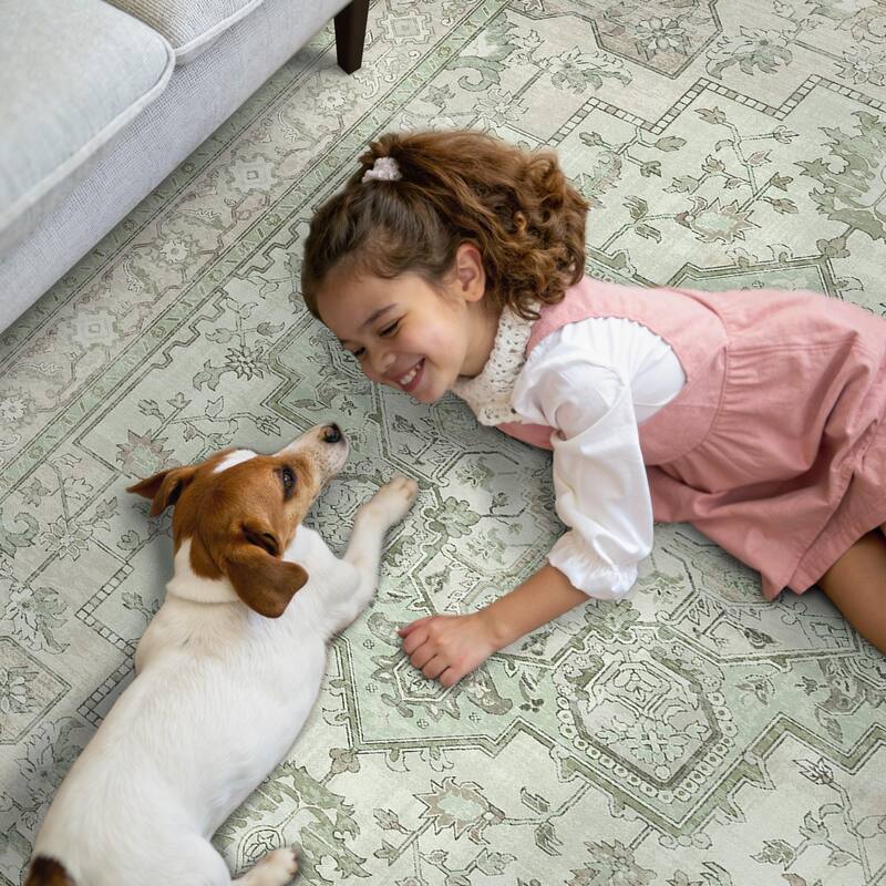 Mcow Green Floral Faded Low Pile Machine Washable Non-Slip Area Rug - 2'X6'