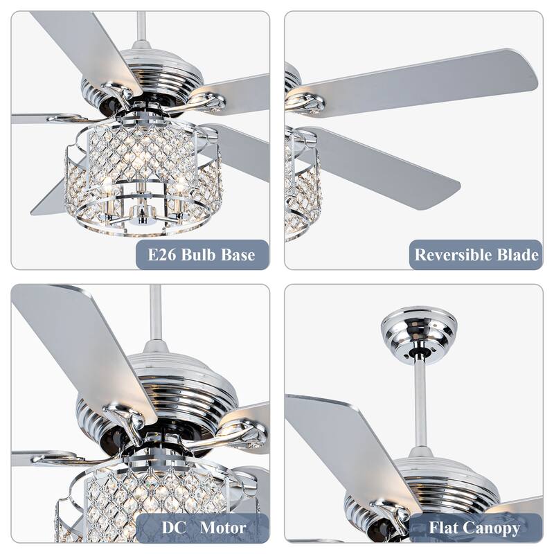 Cusp Barn 52 Inch Crystal Ceiling Fan, Chrome Reversible Chandelier, Modern Silent AC Motor Lighting Fixture for Dining Room