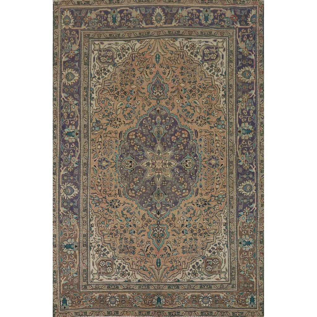 Distressed Floral Tabriz Vintage Persian Rug Hand-Knotted Wool Carpet - 6'11" x 9'8"