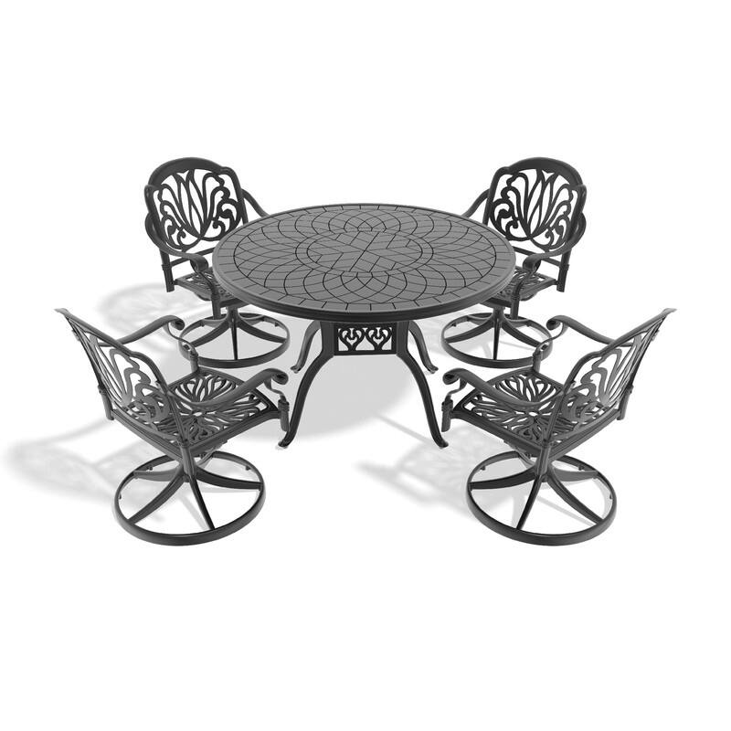 5-Piece Aluminum Round Outdoor Patio Dining Set, 4 Cushioned Swivel Chairs, Table, All-Weather Frames
