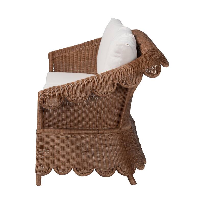 Detta Natural Rattan Sofa with Cushion - Handwoven Wicker Settee with Rolled Arms and Scalloped Skirt Base, Boho Coastal Style