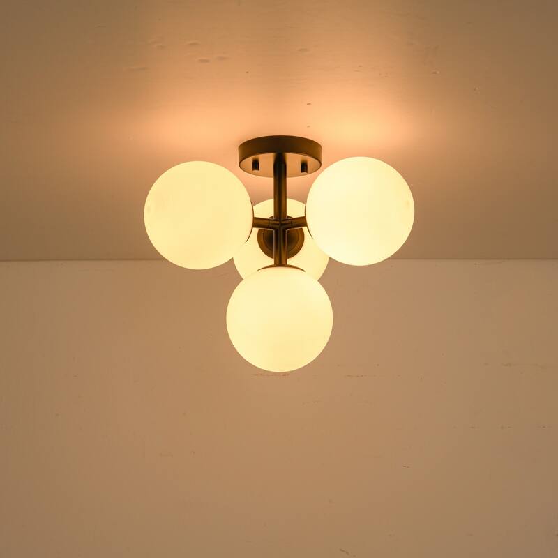 4-Light Mid-Century Modern Sputnik Brushed Gold/Matte Black Finish Semi-Flush Mount Ceiling Light with Opal Glass Globes