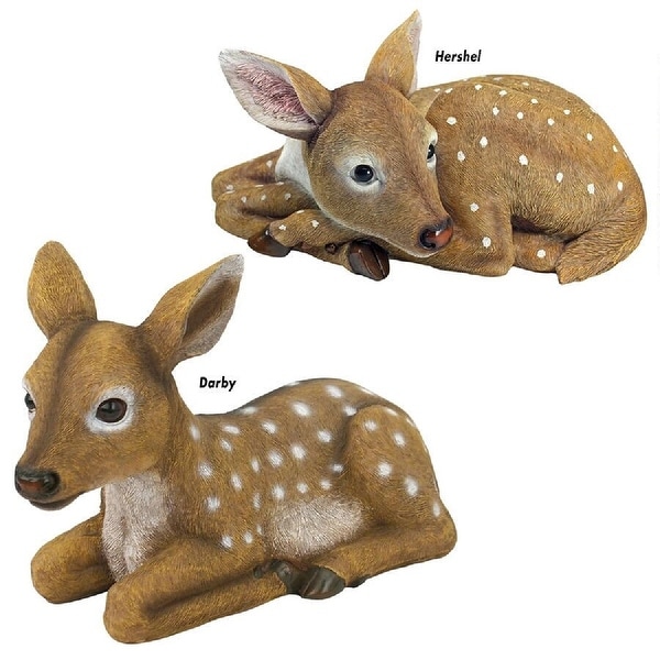 Set of 2 Baby Deer Hand Painted Outdoor Forest Statues 14.5" and 13" - N/A