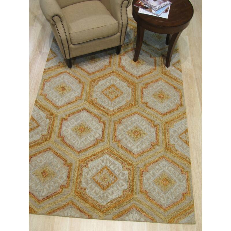 Gold Hand-Tufted Wool Transitional Geometric Rug, 5' x 8', Stylish Statement Accent - L