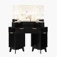 preview thumbnail 3 of 4, 48" Corner Fluted Makeup Vanity Desk w/ 3-Panel Lighted Mirror & Charging Station - Fluted Glass Top Makeup Desk Black