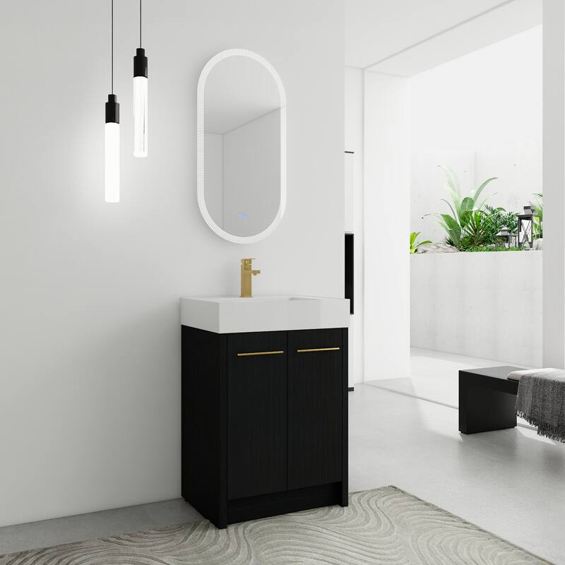 24" Bathroom Vanity with Resin Sink, Soft Close Hinges, Adjustable Storage, Black Chestnut Color, Freestanding Cabinet
