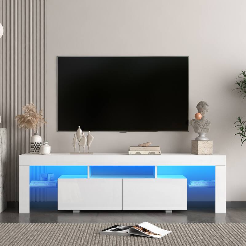 High Gloss TV Stand for TVs up to 65'', Entertainment Center w/ Glass Shelf Modern TV Console w/ Storage Drawers for Living Room - White