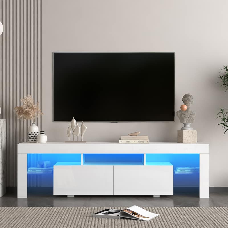 High gloss TV Stand with LED Lights for TVs up to 65'', Modern TV Console with Storage Cabinets - White