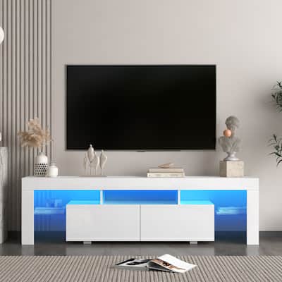 White 63" TV Stand with LED Light, Open and Hidden Storage Spaces for TVs Up to 65"