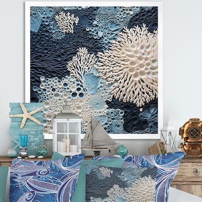 Designart "Under Water Blue And White Corals Collage" Coastal Framed Canvas Wall Art
