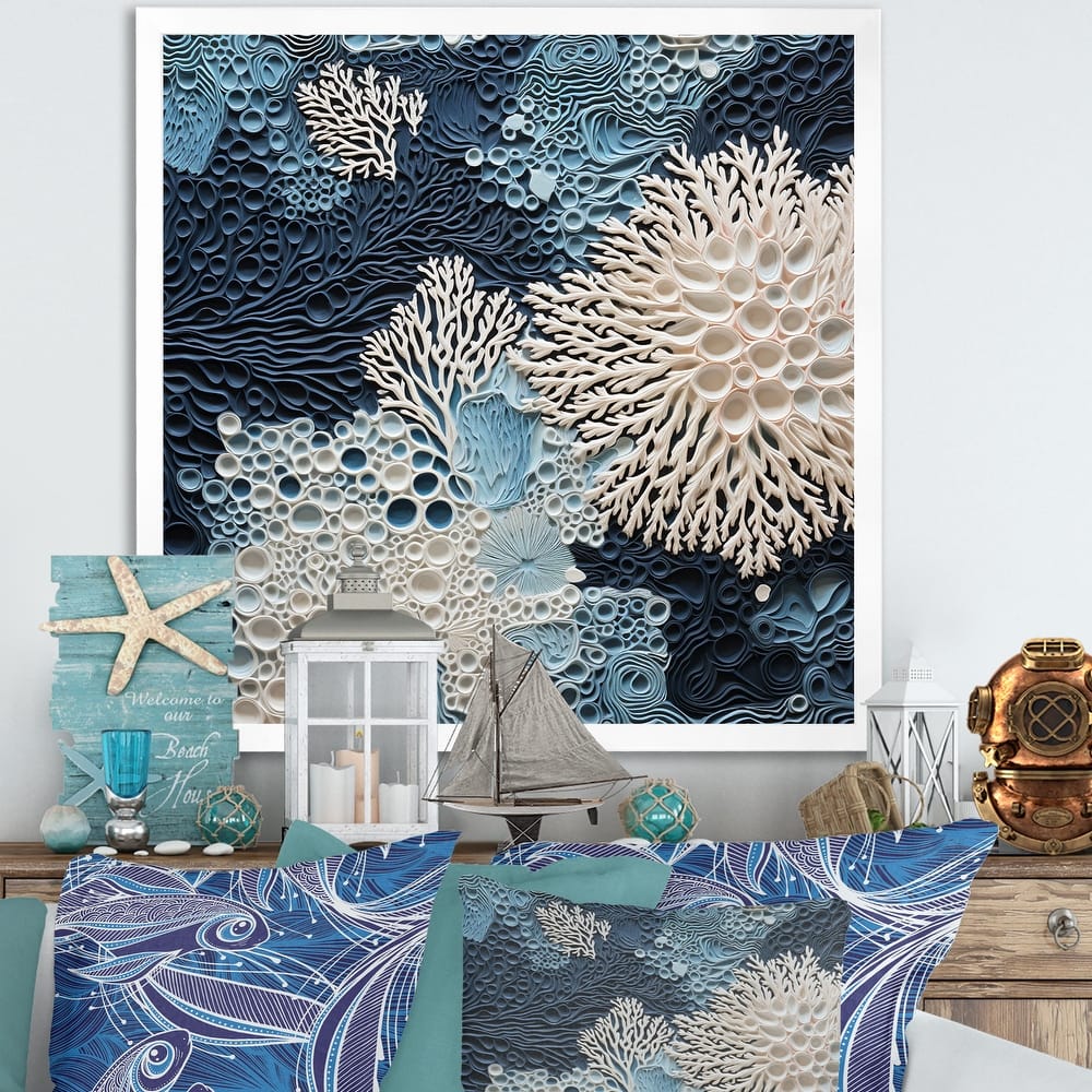 Designart "Under Water Blue And White Corals Collage" Coastal Framed Canvas Wall Art