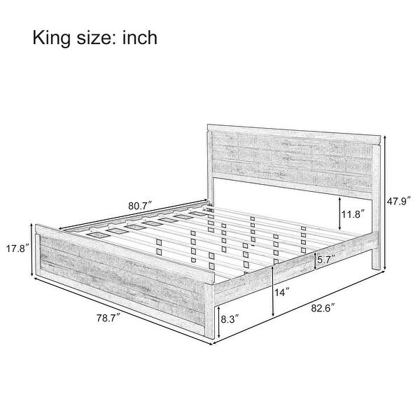 Farmhouse King Size Platform Bed with 10-Wooden Slats, No Box Spring Needed, Rustic White
